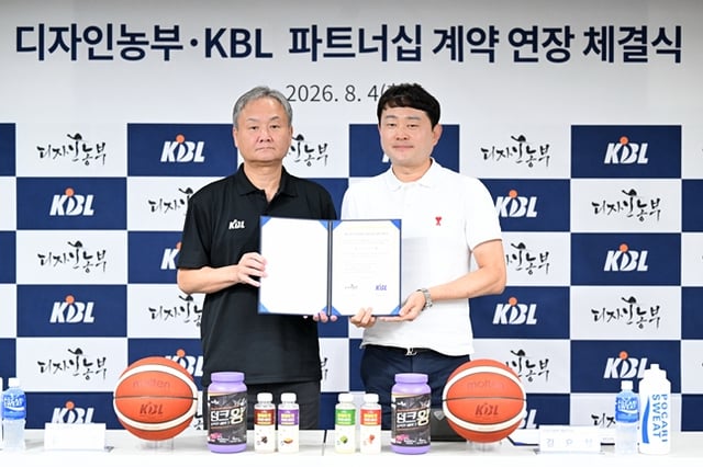 업무협약식에 참석한 유재학 KBL 경기본부장(왼쪽)과 김요섬 (주)디자인농부 대표. /사진=KBL