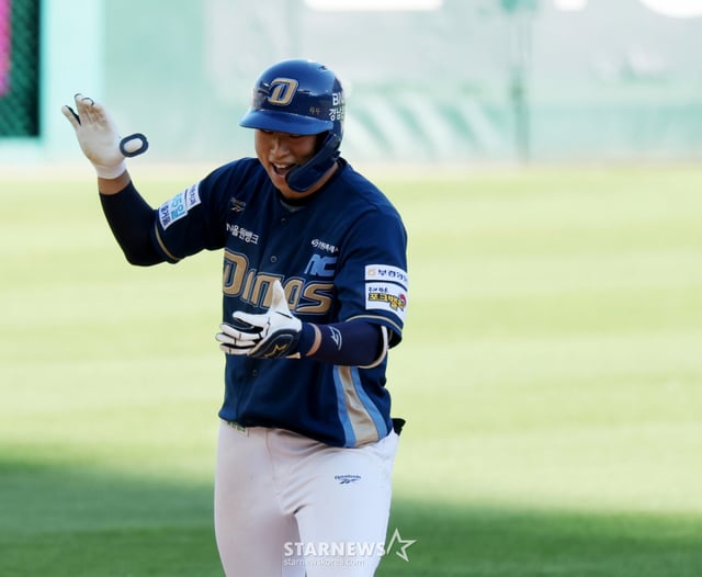 Dinos eighth-order batter Kim Han-byul celebrates after hitting a two-run double in the top of the 10th inning during the 2026 KBO League match between SSG Landers and NC Dinos at Incheon SSG Landers Field on May 5. The Dinos were leading 7-5. 2026.05.05. /Photo=Senior reporter Kang Young-jo cameratalks@