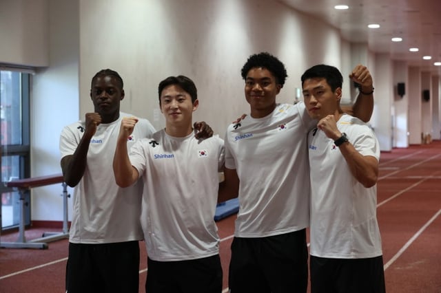 The South Korean men's 4x100m relay team. (From left) Bwesa Daniel Kasama, Seo Min-jun, Namadi Joel Jin, Kim Si-on. /Photo=Korea Athletics Federation provided