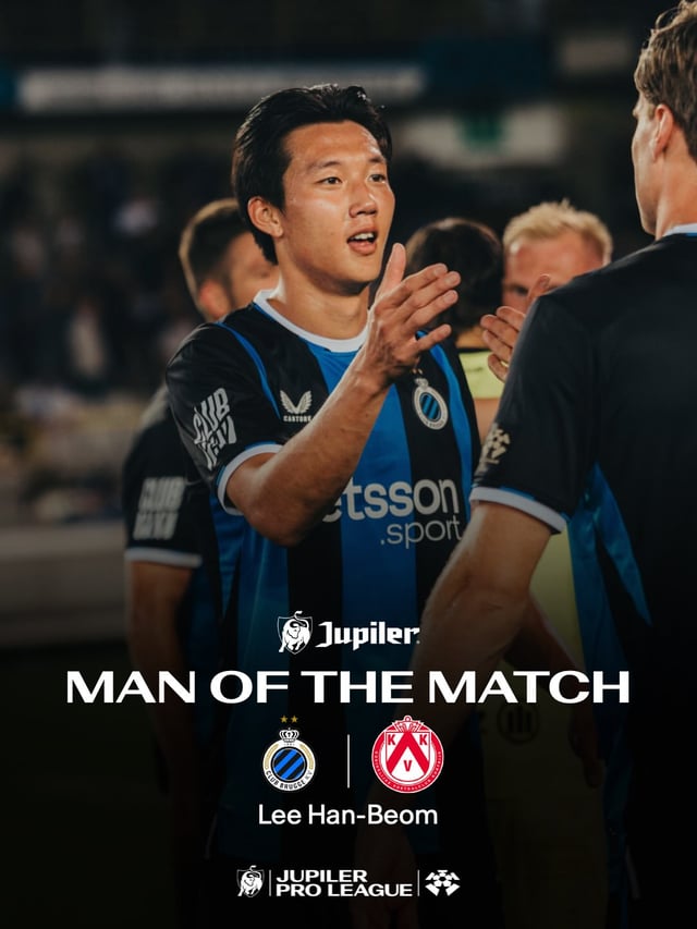 Lee Han-beom, who made his debut after joining Club Brugge and was selected as the match's most valuable player in the Belgian Pro League Round 1 match against Kortrijk held on the 8th at Jan Breydel Stadium in Bruges, Belgium. /Photo=Capture from Belgian Pro League Office SNS