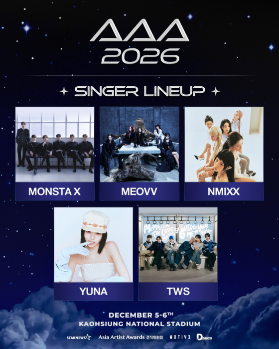 MONSTA X / Photo=Starship Entertainment, MEOVV / Photo=Double Black Label, NMIXX / Photo=JYP Entertainment, Yuna / Photo=JYP Entertainment, TWS / Photo=FNC Entertainment (HYBE)