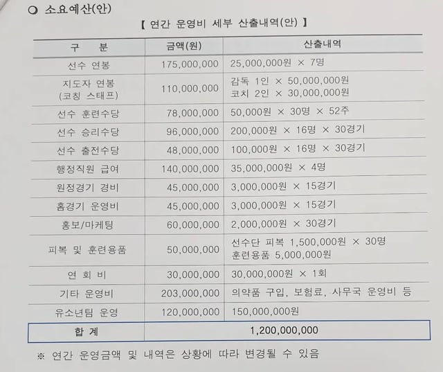Budget proposal for the Samcheok Citizen Football Club. /Photo=Screenshot from Kim Ji-young, Samcheok City Council Member's SNS