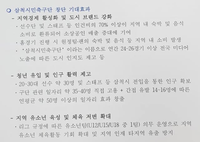Expected benefits of establishing the Samcheok Citizen Football Club. /Photo=Screenshot from Kim Ji-young, Samcheok City Council Member's SNS
