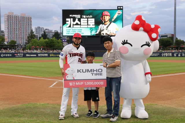카스트로(왼쪽)와 정병진(오른쪽) 타이어프로 순천동화점 대표. /사진=KIA 타이거즈 제공