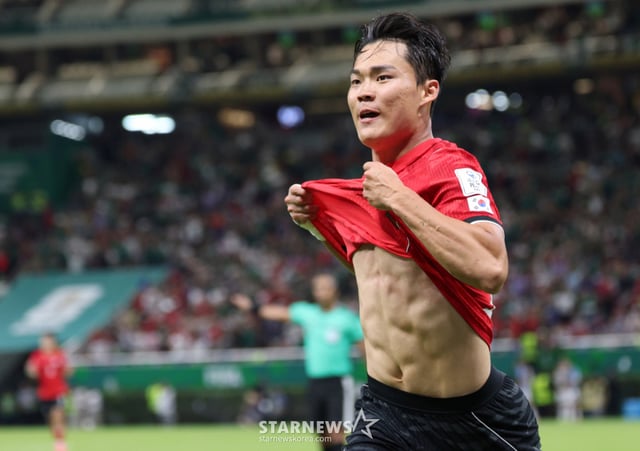 2026 북중미월드컵 A조 예선 대한민국-체코전이 멕시코 과달라하라 에스타디오 아크론에서 열렸다. 오현규가 역전골을 터트린 후 환호하고 있다. /사진=김진경 대기자