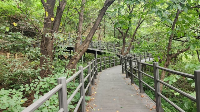 Ansan Trail connected by deck paths. The trail wraps around Ansan Mountain, winding up and down.