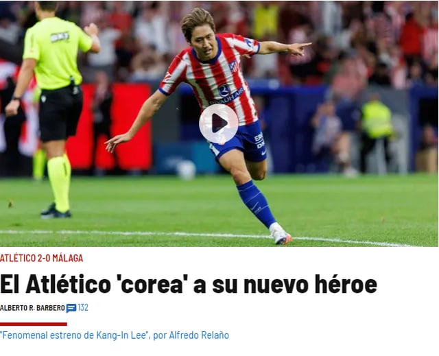 An article by Spanish outlet Marca focusing intensively on Lee Kang-in, who scored his debut goal in his Atletico Madrid debut. /Photo=Screenshot from Marca's official website