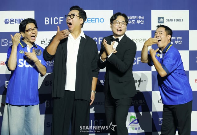 Comedians Park Sung-ho, Park Jun-hyung, Park Young-jin, and Kim Jeong-hun pose at the opening ceremony of the 14th Busan International Comedy Festival (BICF), held this afternoon at BEXCO in Haeundae-gu, Busan Metropolitan City. The 14th Busan International Comedy Festival embarks on a ten-day journey starting from the opening ceremony and running until the 30th. /2026.08.21 /Photo=Lee Dong-hoon photoguy@