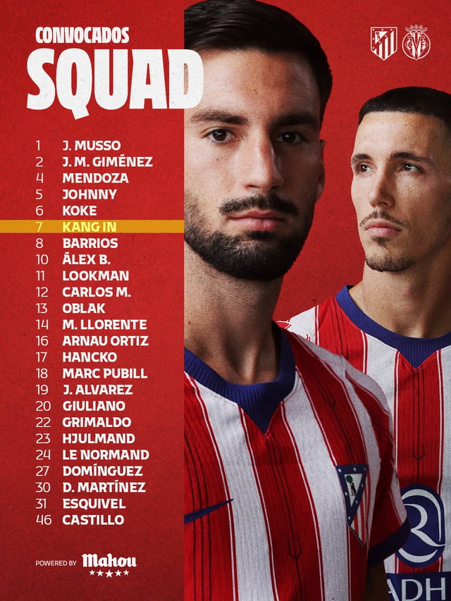 Lista convocada del Atlético de Madrid para el partido de la segunda ronda de la Liga Española 2026-2027 contra Villarreal, que se disputará el día 24 a las 0:00 (hora de Corea) en el Metropolitano Riyadh Air de Madrid (España), en la que figura Lee Kang-in. /Foto=captura de las redes sociales del Atlético de Madrid