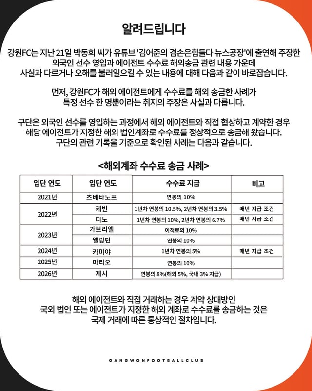 A statement released by Gangwon FC on the 23rd. /Photo=Provided by Gangwon FC