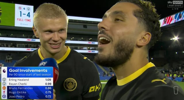 Ryan Sherki (right) let out profanities during a live broadcast, causing Erling Haaland (left) to burst into laughter /Photo=Sky Sports broadcast screenshot
