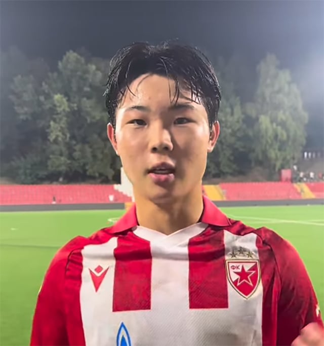 Kim Ye-geon is seen giving an interview with his club after making his European debut in an away match against FK Zemun in Round 7 of the 2026–2027 Serbian SuperLiga at Dragan Jajić Stadium in Ub, Serbia, on the 31st (Korean time). /Photo=Official SNS screenshot of Crvena Zvezda