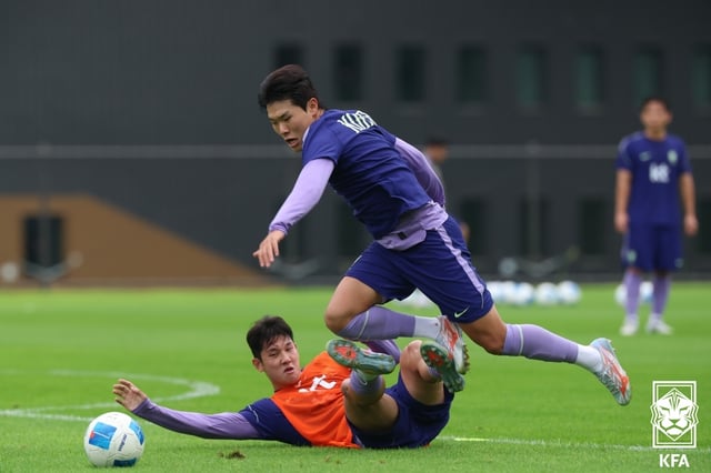1일 충남 천안 코리아풋볼파크에서 훈련 중인 23세 이하(U23) 축구대표팀 선수들. /사진=대한축구협회 제공