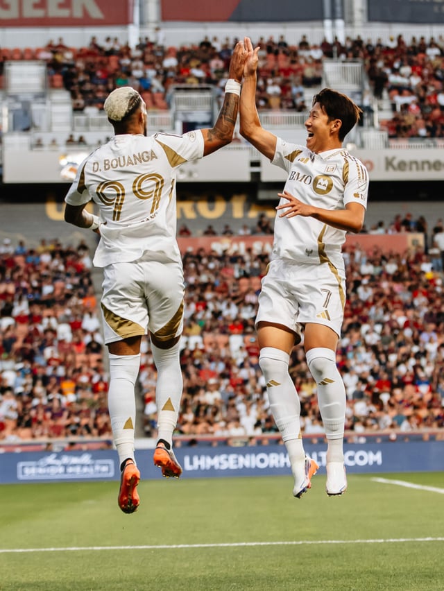 Son Heung-min (right) of LAFC celebrates with Denis Bouanga after scoring during the 2026 Major League Soccer (MLS) away match against Real Salt Lake at America First Field in Salt Lake City, Utah, USA, on the 6th. /Photo=LAFC SNS screenshot