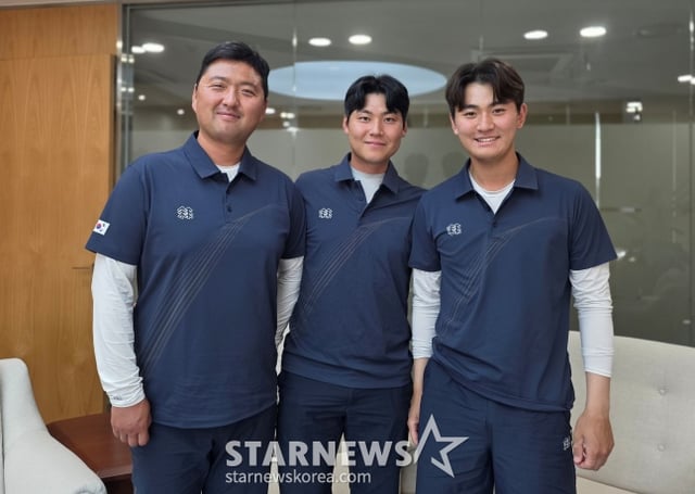 2026 아이치·나고야 아시안게임에 출전할 한국 남자 양궁 대표팀이 지난 5일 광주-기아챔피언스필드에서 취재진과 만나 인터뷰했다. 왼쪽부터 김우진, 이우석, 김제덕. /사진=김동윤 기자