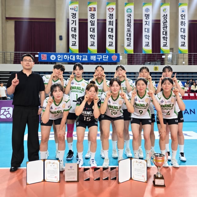 Gwangju Women's University volleyball team took a commemorative photo after winning the "2026 Korean Air Cup National University Volleyball Goseong Tournament" held in July at an indoor gymnasium in Goseong County, Gyeongsangnam-do. /Photo=Captured from Coach Choi Sung-woo's SNS