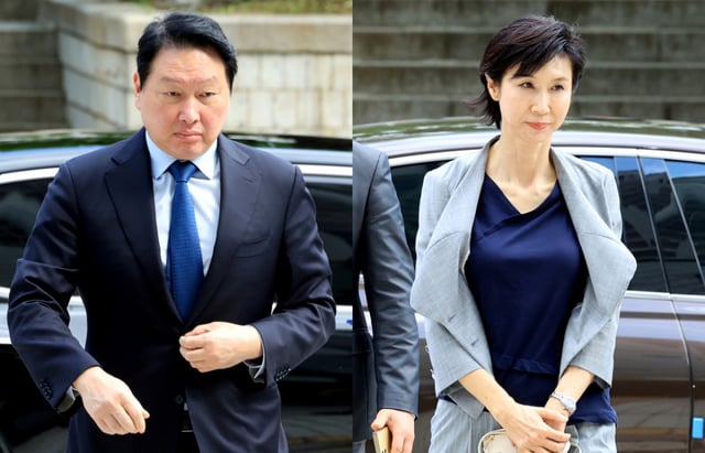 최태원 SK그룹 회장(왼쪽)과 노소영 아트센터 나비 관장이 지난 6월 서울 서초구 서울고등법원에서 열린 파기환송심 2차 변론에 출석하고 있다. /사진제공=뉴스1