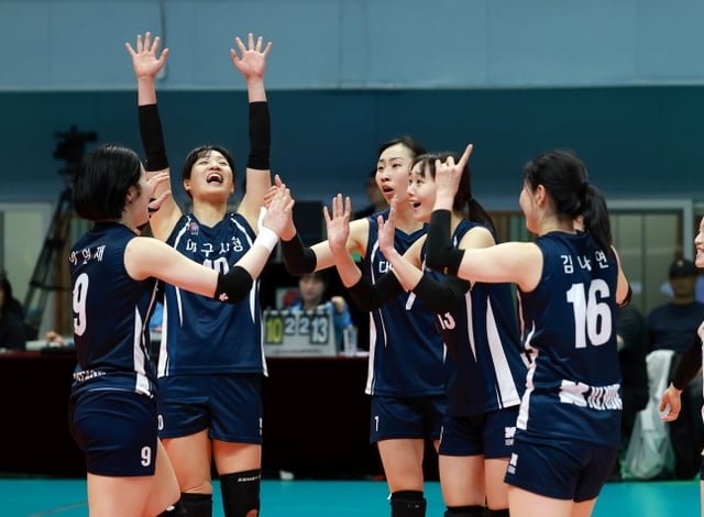 The Daegu City Hall volleyball team celebrates after winning at the Hongcheon tournament last April. /Photo=Korea Industrial Volleyball Federation