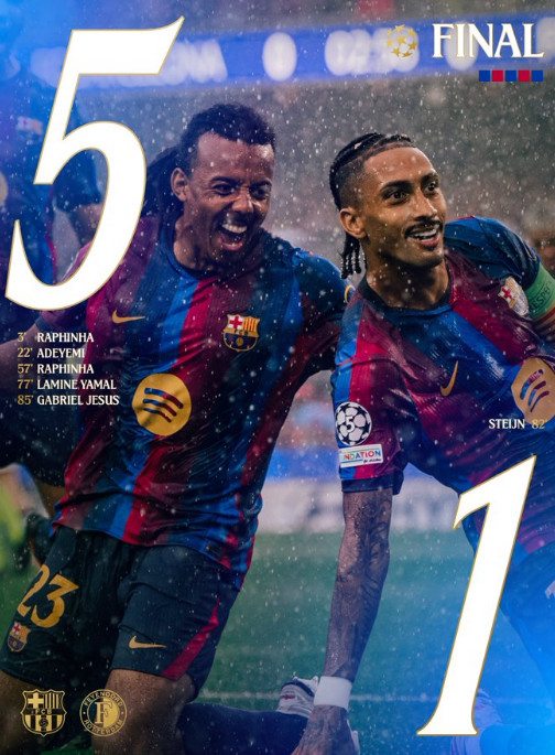 On the 10th (Korea time), Barcelona defeated Feyenoord 5-1 in the first match of the League Phase of the '2026–2027 UEFA Champions League (UCL)' at Spain's Spotify Camp Nou. The photo shows Jules Koundé (left) and Hapyia celebrating after scoring. /Photo=Barcelona official SNS screenshot