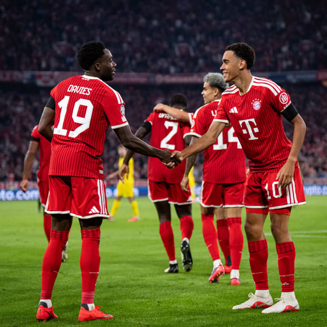 Bayern Munich's Alphonso Davies (left) and Jamal Musiala celebrate a goal during the UEFA Champions League match against Bodø/Glimt on the 11th. /Photo=Bayern Munich SNS capture