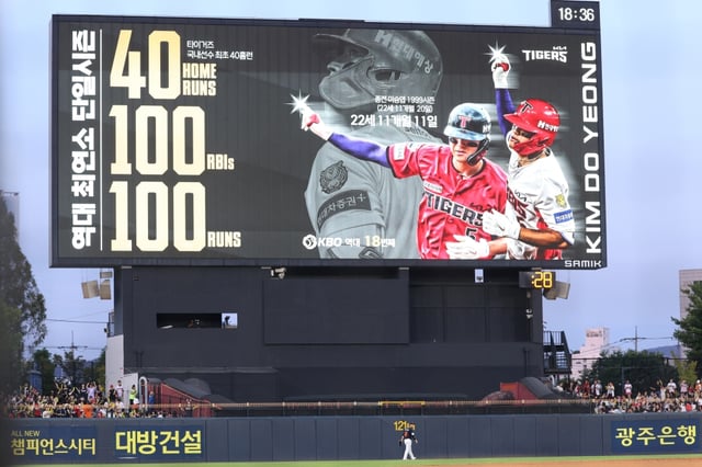 El 13, en el Gwangju-KIA Champions Field, los KIA Tigers y los Hanwha Eagles se enfrentaron. Pantalla electrónica que anunció el logro de Kim Do-young, infielder de los KIA Tigers. /Foto=Proporcionado por KIA Tigers