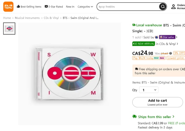 /사진=테무에서 판매중인 BTS 'SWIM' 싱글 CD