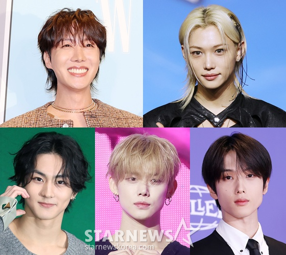 (From top left clockwise) Group BTS J-Hope, Stray Kids Felix, NCT Seong, Tomorrow X Together Federal Reserve, ENHYPEN Jungwon /Photo=StarNews