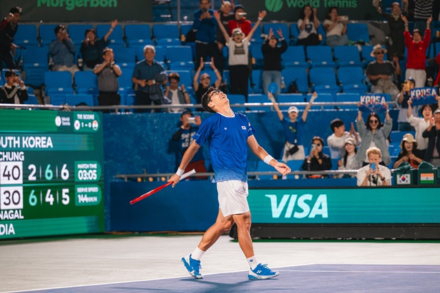 A celebrating Jung Hyeon. /Photo=Korea Tennis Association