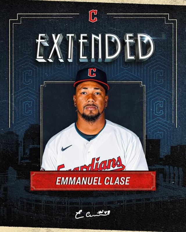 A post announcing that Clase extended his contract through the 2028 season. /Photo=Cleveland Guardians official SNS