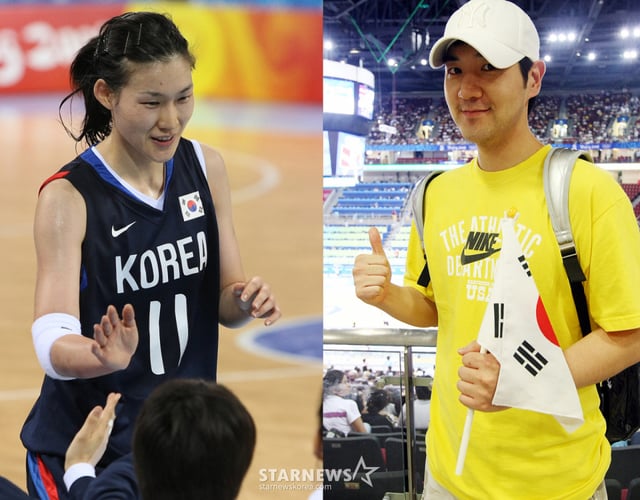 탤런트 한상진이 17일 오후 중국 베이징 우커숭 농구장에서 열린 2008베이징올림픽 여자농구 예선 한국과 라트비아의 경기에서 아내 박정은을 응원하고 있다. /사진=임성균