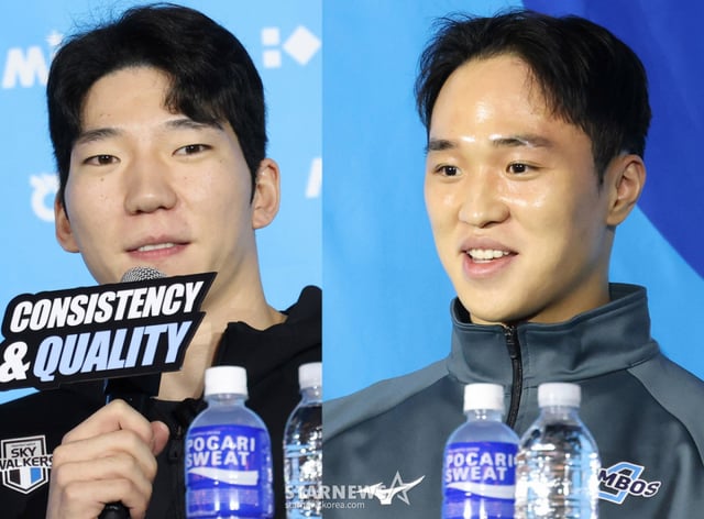 2026~2027시즌 프로배구 남자부 미디어데이가 8일서울 강남구 호텔리베라 청담에서 열렸다. 7개 구단 감독과 선수들이 일문일답으로 마친 후 포토타임에서 우승컵을 향해 열망을 토해냈다. /사진=김진경 대기자