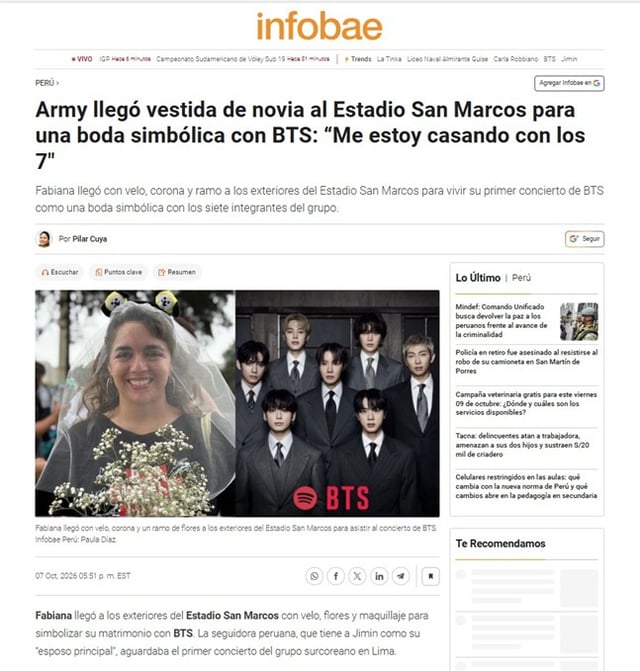 결혼식 웨딩베일과 꽃다발을 쓰고 콘서트장에 온 파비아나를 보도한 페루 인포바에INFOBAE 홈페이지 infobae.com/peru/