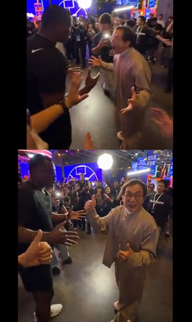 Jackie Chan (right) celebrates after making the shot. /Photo=Screenshot from Chris Mathews' social media