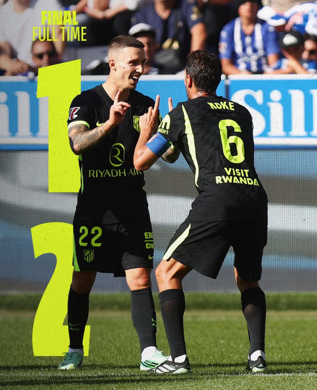 El Atlético se impuso 2-1 al Deportivo Alavés en el partido correspondiente a la jornada 8 de la Liga EA Sports 2026-2027, disputado como visitante el día 10 (hora coreana) en el Estadio de Mendizorroza, en Vitoria-Gasteiz, España. En la imagen, Alejandro Grimaldo (izquierda) y Koke celebran. /Foto=SNS oficial del Atlético de Madrid