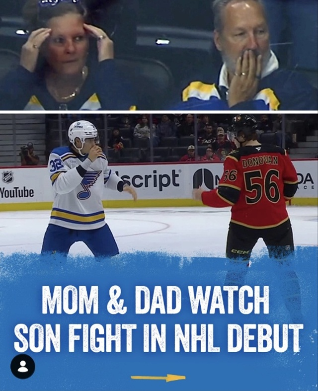 ディラン·ピーターソンの両親が息子のNHLデビュー前の乱闘場面を見守りながら驚いた表情をしている。 /写真=セントルイスブルースSNS