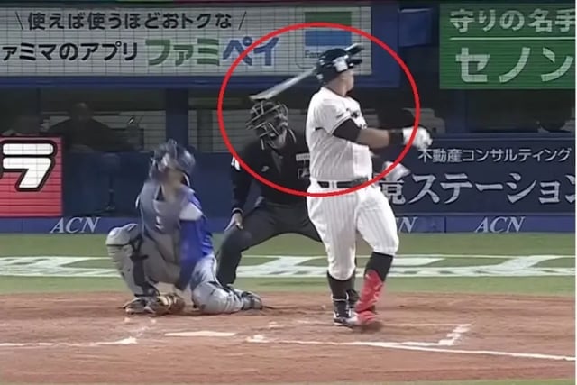 지난 4월 16일 호세 오스나(오른쪽)이 놓친 배트에 머리를 맞고 있는 심판 가와카미 타쿠토. /사진=나우뉴스 홈페이지 갈무리