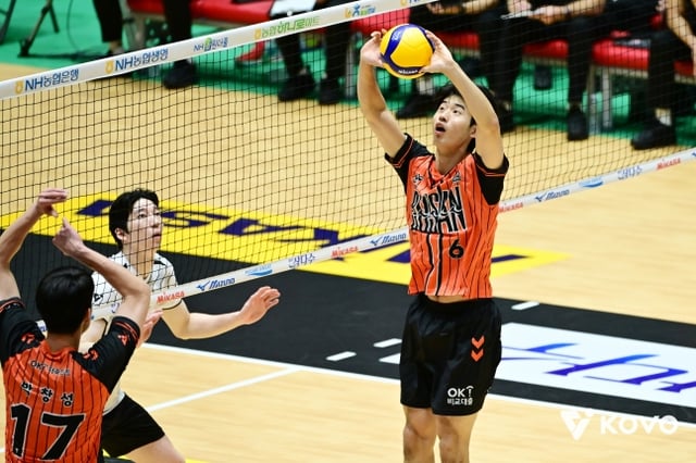 Kim Dae-hwan (derecha), setear del Busan OK Savings Bank, ejecuta un tose durante el primer partido del Grupo A de la fase de grupos del Torneo de Voleibol Profesional Copa NH Nonghyup 2026 Yeosu (Copa KOVO) contra el Cheonan Hyundai Capital, disputado el día 19 en el Gimnasio Jinnam de Yeosu. /Foto=KOVO