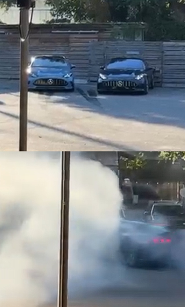 안드레아 키미 안토넬리가 후진 중 울타리를 들이받은 뒤 타이어 연기를 뿜어내는 '번아웃'을 선보이고 있다. /사진=모터스포츠닷컴 캡처