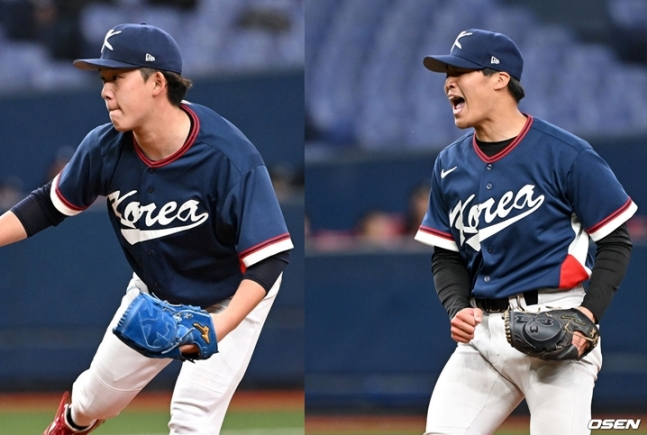 Kobayashi Tatsuto (trái) và Ishii Goki, những người chơi ở giải đấu độc lập của Nhật Bản, mặc đồng phục Hàn Quốc và ném bóng trong trận giao hữu với Orix vào ngày 3.