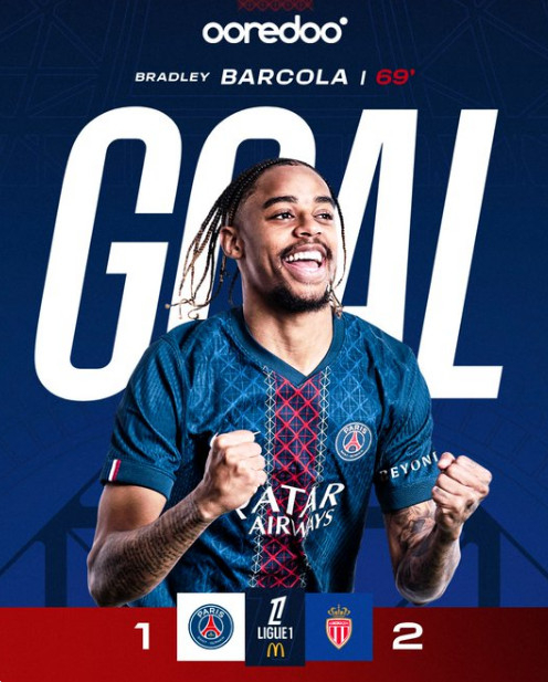布拉德利•巴尔科拉成功得分。 =照片=PSG官方SNS收尾。