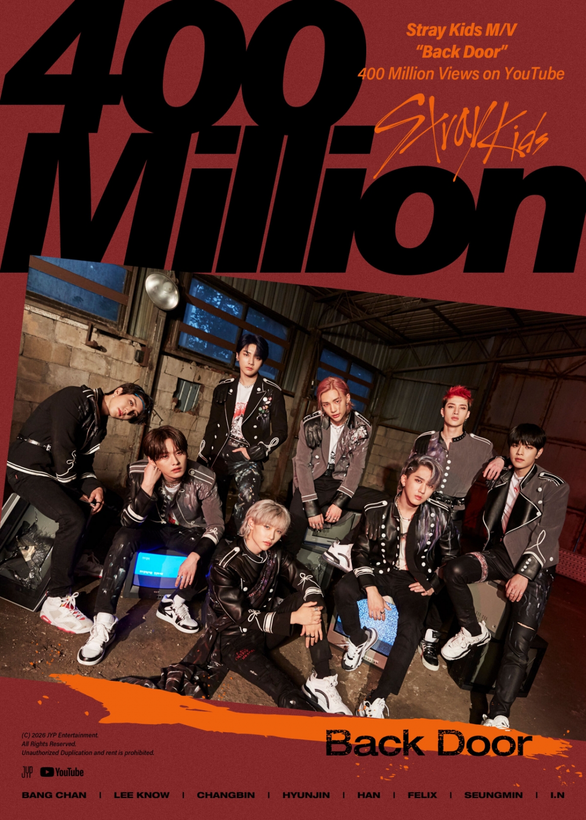 Музыкальное видео Stray Kids «Back Door» 400 миллионов просмотров. Поздравительные изображения/фото =JYP Entertainment