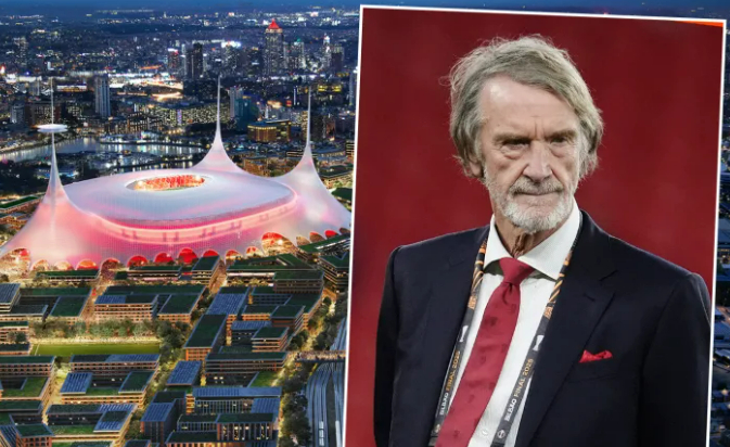 Hình ảnh ảo sân vận động mới của Manchester United (trái) và chủ sở hữu đội bóng Man Utd. /Ảnh = The Sun Galmuri