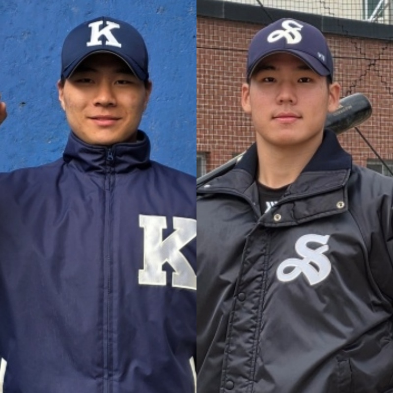 Lee Ho Min (trái) trường trung học Kyungnam và Kim Ji Woo trường trung học Seoul. Họ được đánh giá là những cầu thủ triển vọng về gôn 3 được kỳ vọng đề cử vòng trên cùng với Masan Yongma Go Choi Min Sang trong giải bóng chày tân binh KBO 2027. /Ảnh = Phóng viên Kim Dong Yoon
