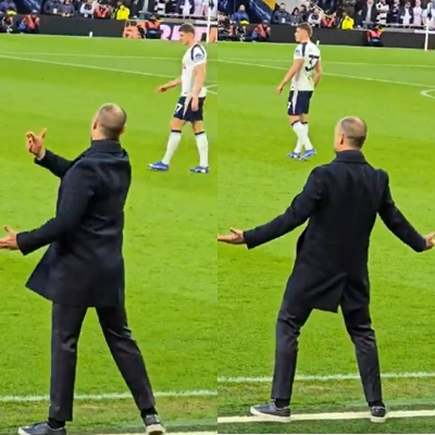 图多尔教练（左）向范德芬下达战术指示。 最终范德佩恩没有履行战术，图多尔教练似乎有些郁闷，将腰向后仰。 =照片=《give me sports》收尾。